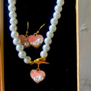 Heart Pearl Necklace and Heart Earrings set
